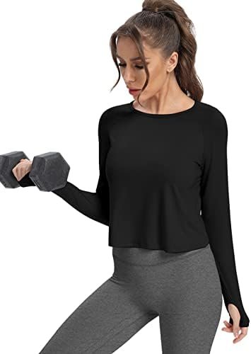 Long Sleeve Cropped Tops Athletic Workout Athletic Yoga Gym Crop Tops for Women