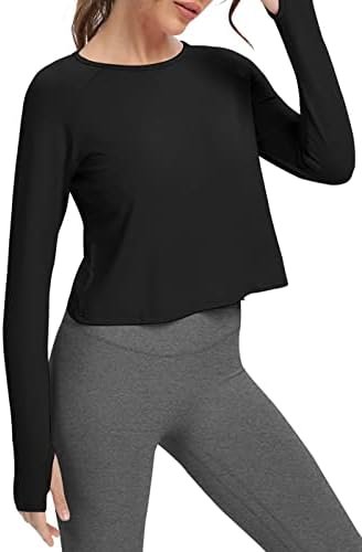 Long Sleeve Cropped Tops Athletic Workout Athletic Yoga Gym Crop Tops for Women